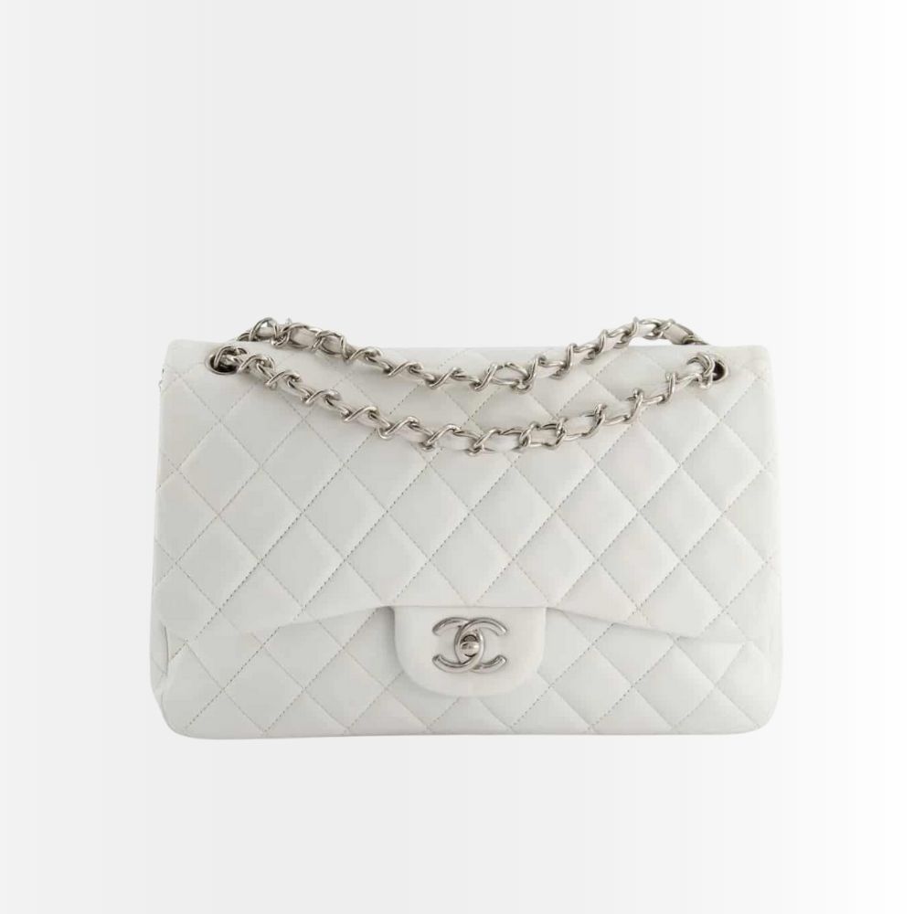 Chanel Classic Medium Double Flap Bag White Silver Hardware 25Cm