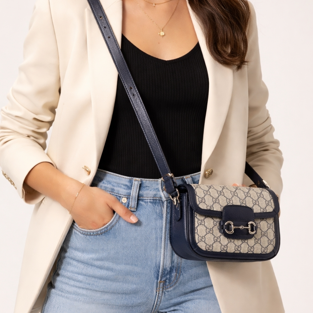 Gucci Horsebit 1955 Small Beige And Navy Blue Bag 20Cm 658574 96IWN 4076 - Image 2