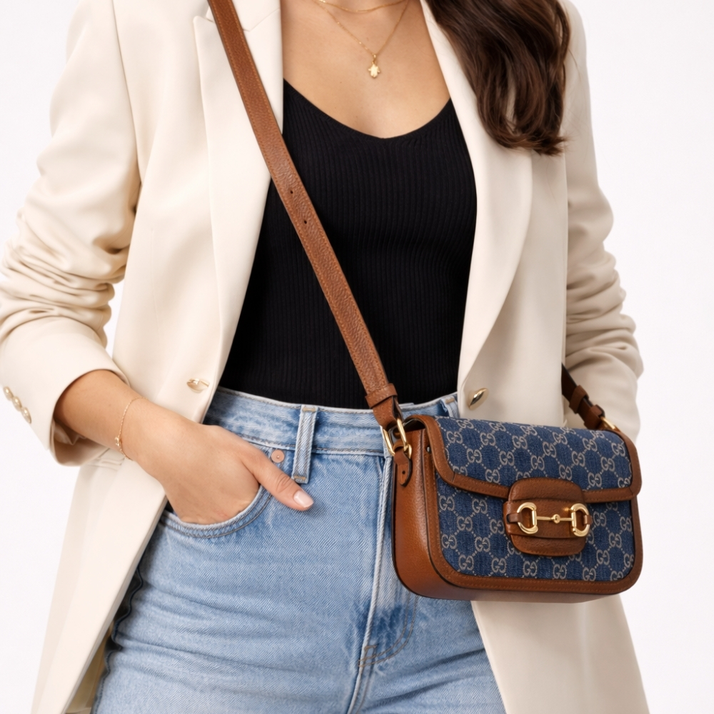 Gucci Horsebit 1955 Medium Monogram Canvas Blue And Ivory 25Cm - Image 2