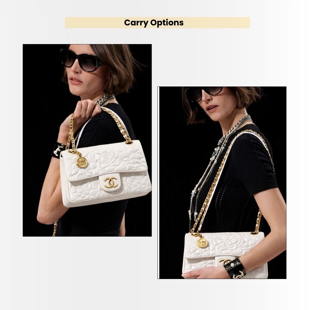 Chanel Classic Medium Flap Bag With Camellia Flower Chain White 25Cm