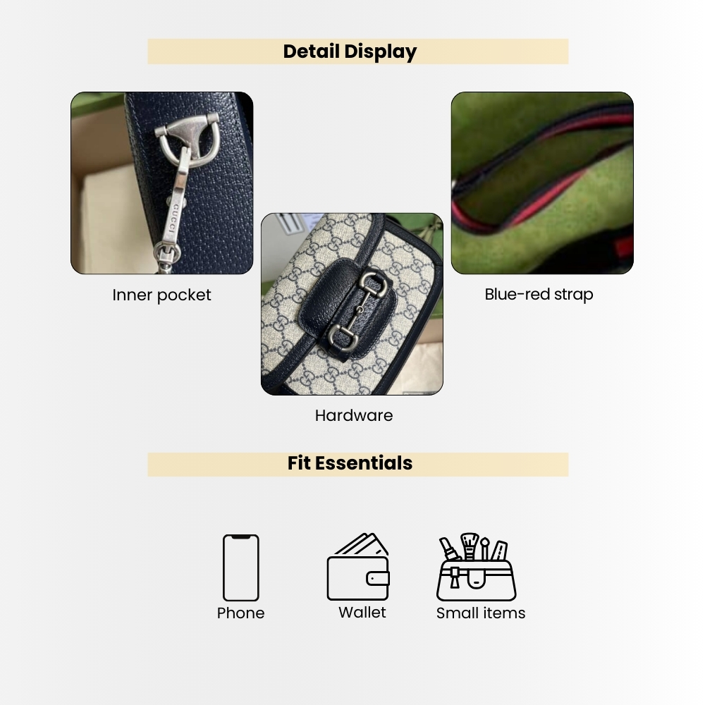 Gucci Horsebit 1955 Small Beige And Navy Blue Bag 20Cm 658574 96IWN 4076 - Image 4