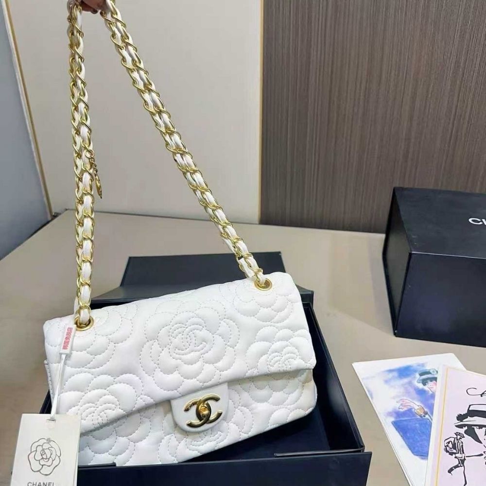 Chanel Classic Medium Flap Bag With Camellia Flower Chain White 25Cm