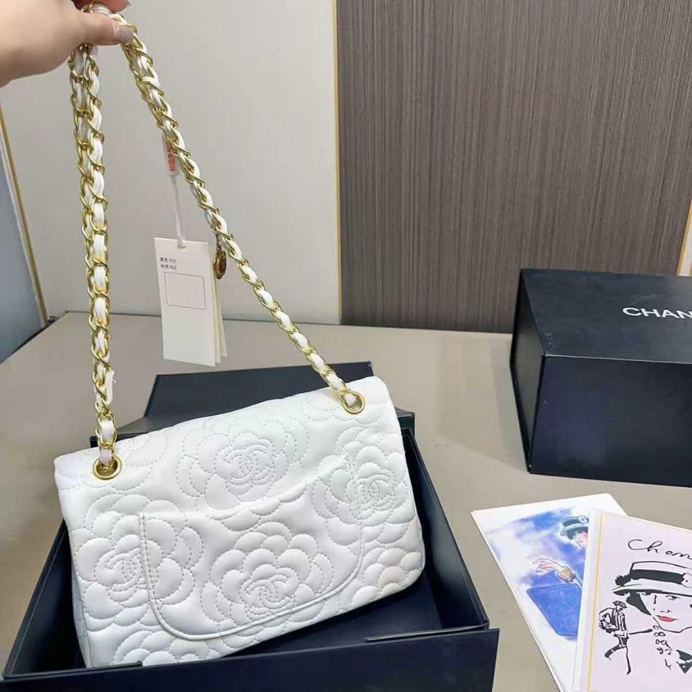 Chanel Classic Medium Flap Bag With Camellia Flower Chain White 25Cm