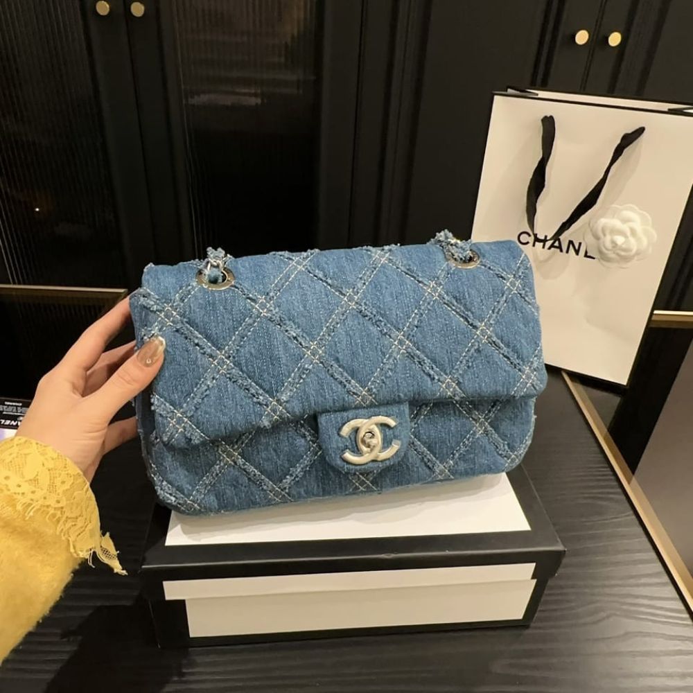 Chanel Cc Chain Flap Quilted Denim Jumbo Blue 25Cm
