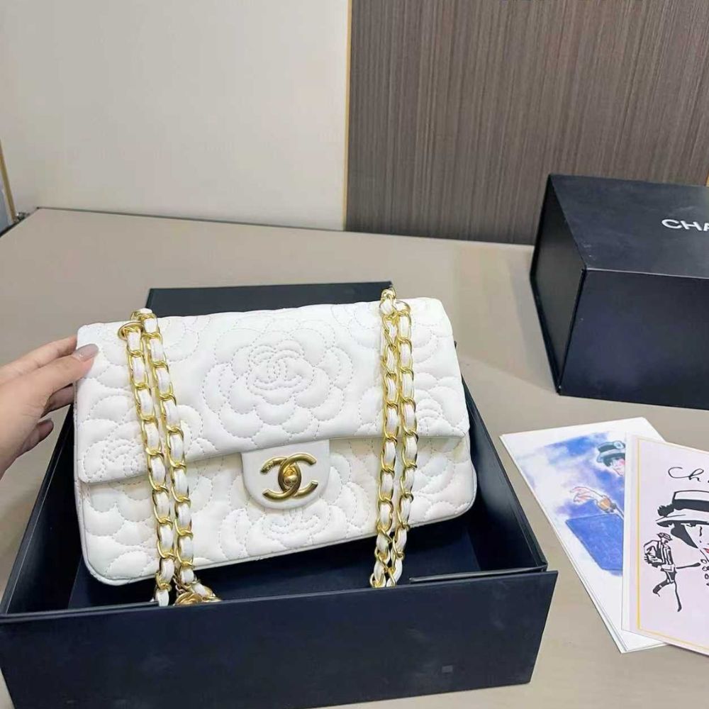 Chanel Classic Medium Flap Bag With Camellia Flower Chain White 25Cm