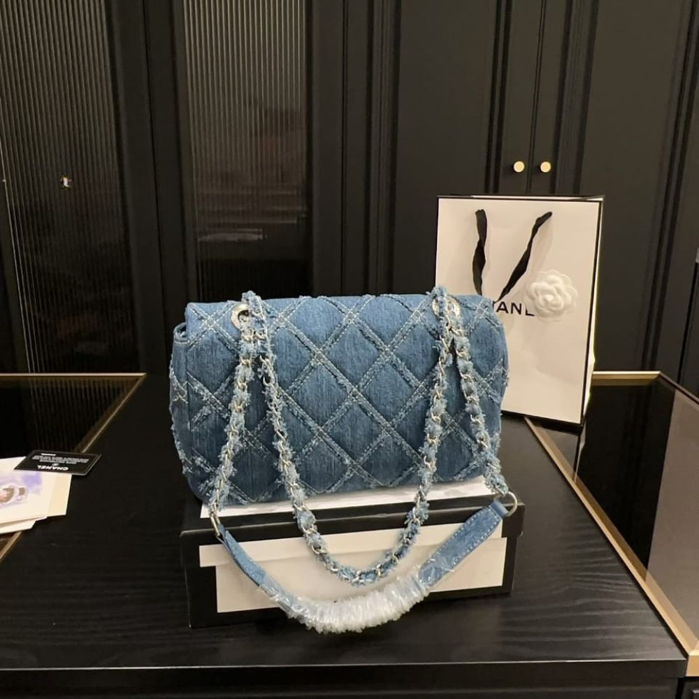Chanel Cc Chain Flap Quilted Denim Jumbo Blue 25Cm