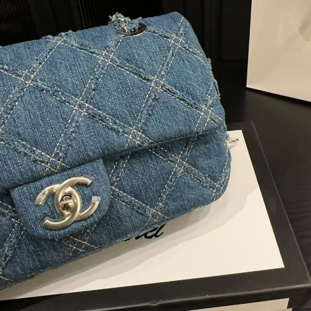 Chanel Cc Chain Flap Quilted Denim Jumbo Blue 25Cm