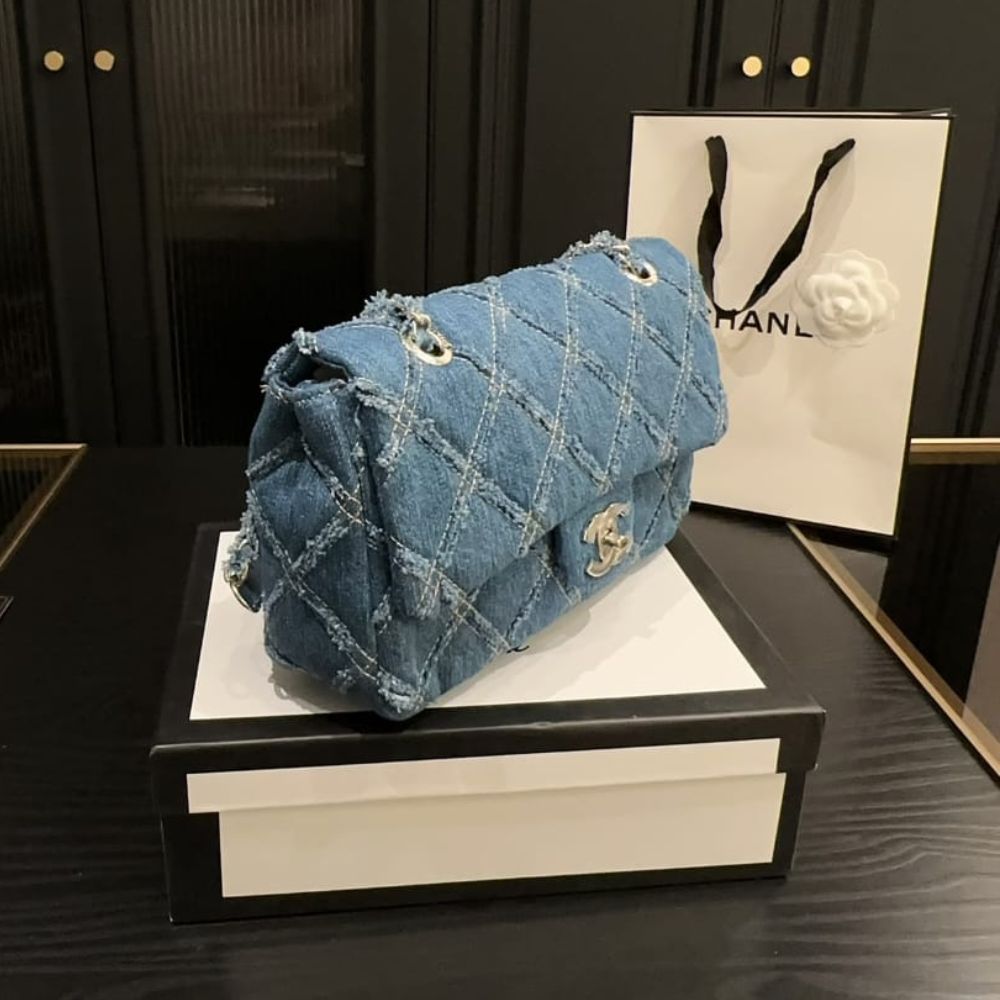 Chanel Cc Chain Flap Quilted Denim Jumbo Blue 25Cm