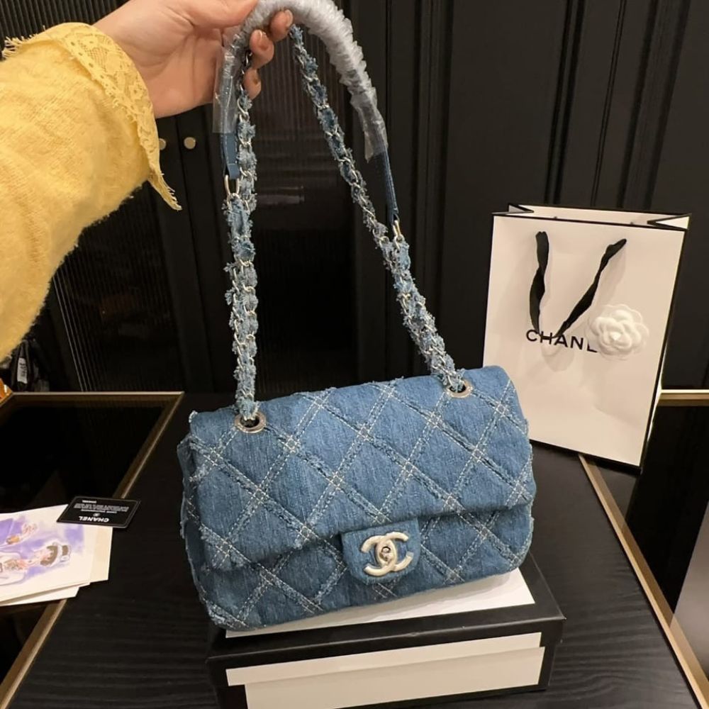 Chanel Cc Chain Flap Quilted Denim Jumbo Blue 25Cm
