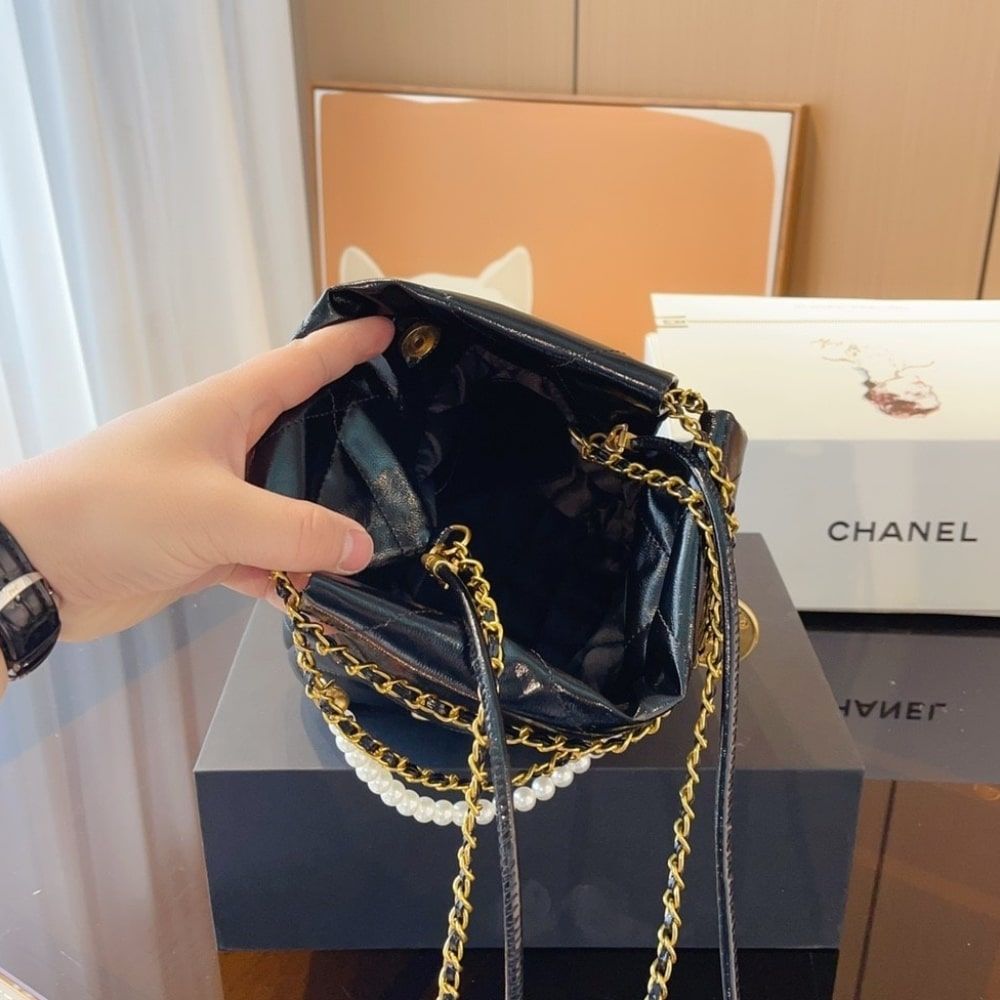 Chanel 22 Mini Handbag Shiny Crystal Pearls Gold Tone Metal Black 22Cm AS3980 B10672 94305 - Image 8