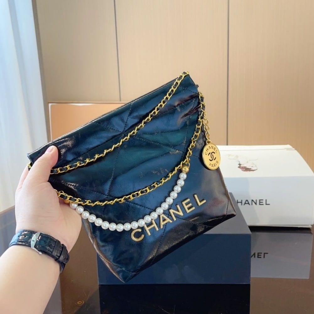 Chanel 22 Mini Handbag Shiny Crystal Pearls Gold Tone Metal Black 22Cm AS3980 B10672 94305 - Image 6