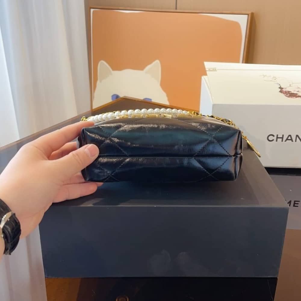 Chanel 22 Mini Handbag Shiny Crystal Pearls Gold Tone Metal Black 22Cm AS3980 B10672 94305 - Image 7