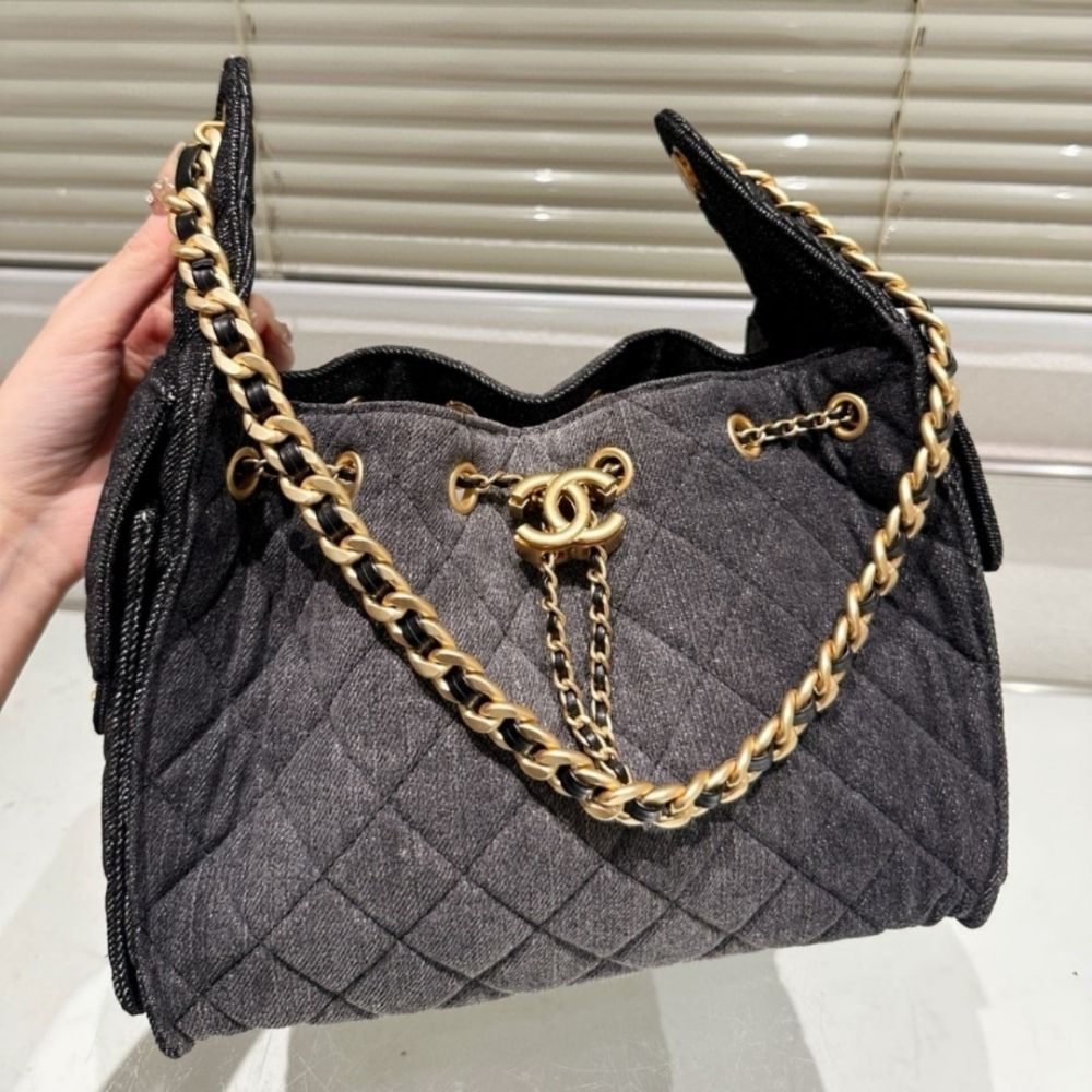 Chanel 25 Small Handbag Grained And Gold-Tone Metal Washed Denim Black 26Cm AS5293 B20520 U0725 - Image 10