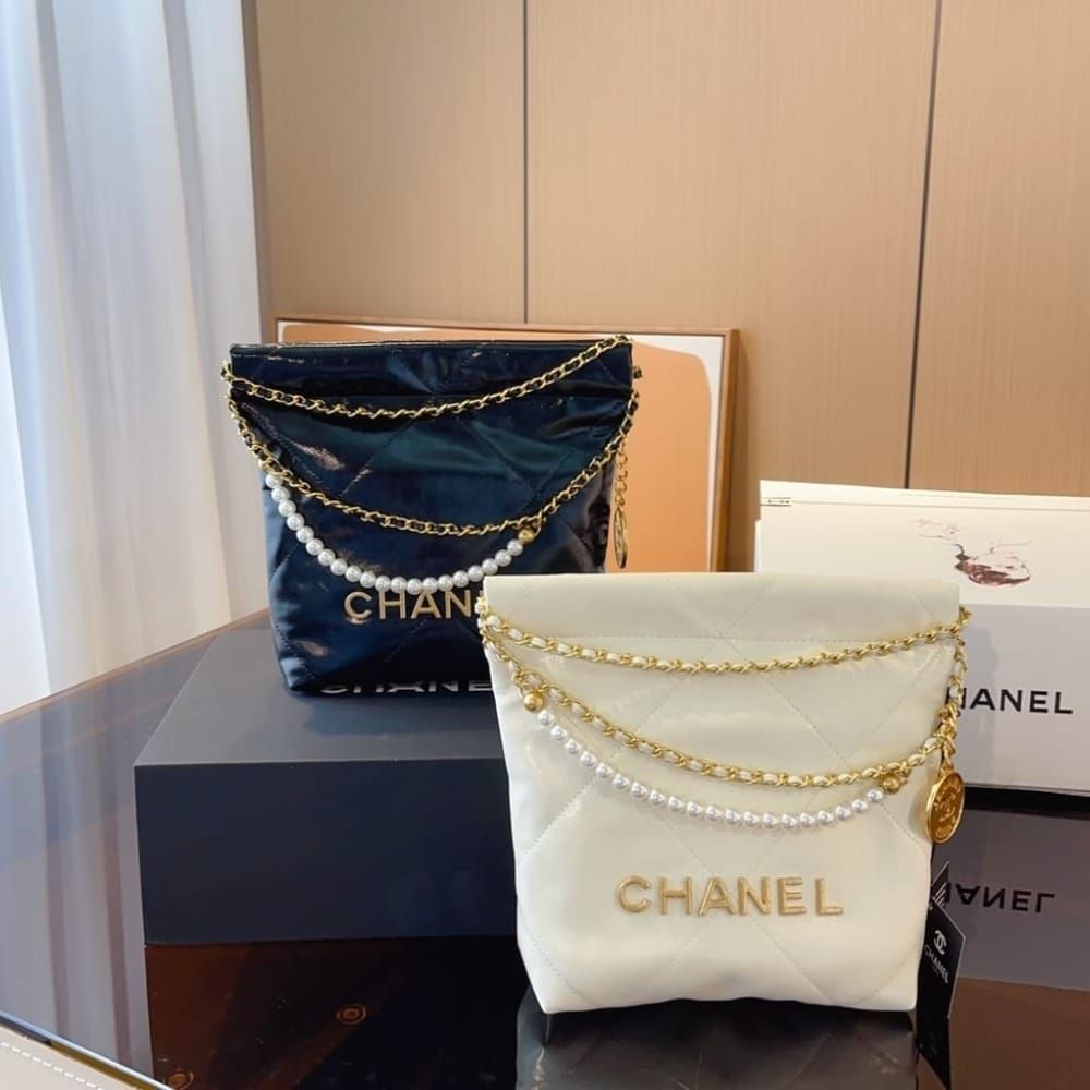 Chanel 22 Mini Handbag Shiny Crystal Pearls Gold Tone Metal Black 22Cm AS3980 B10672 94305 - Image 9