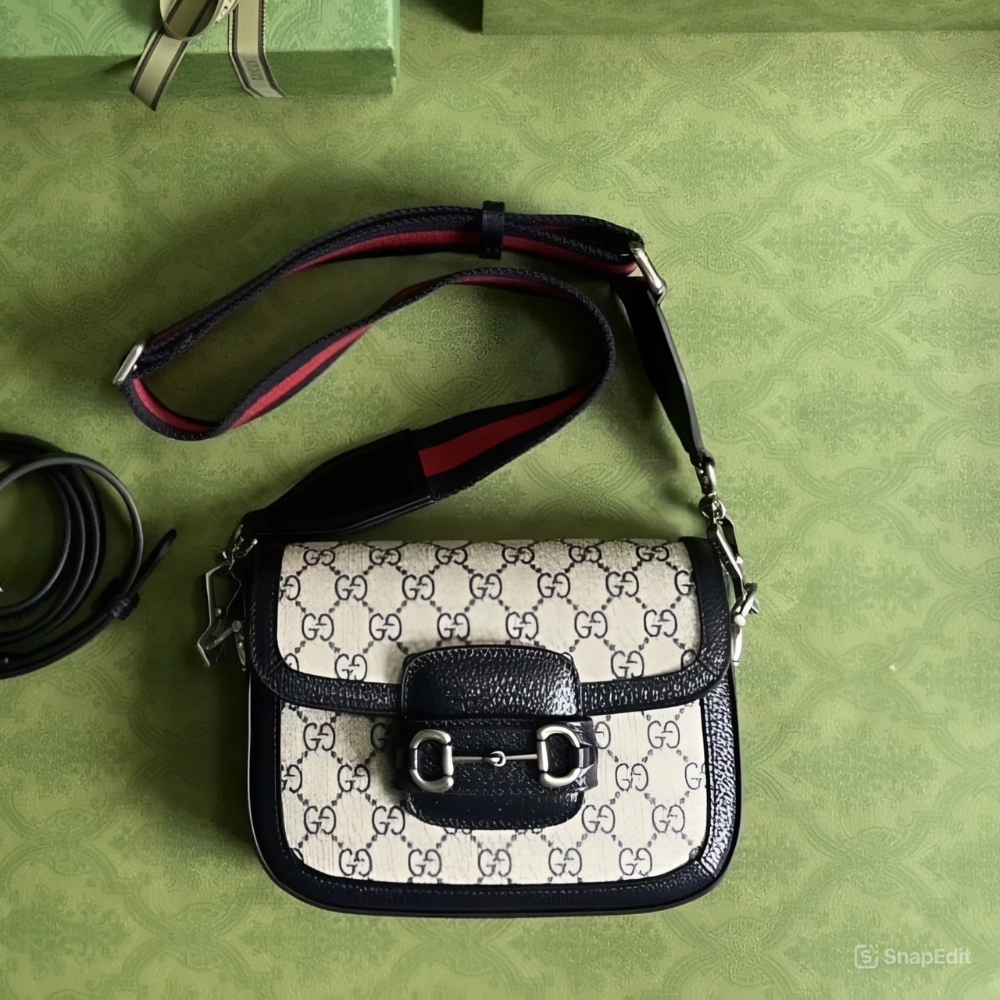 Gucci Horsebit 1955 Small Beige And Navy Blue Bag 20Cm 658574 96IWN 4076 - Image 5