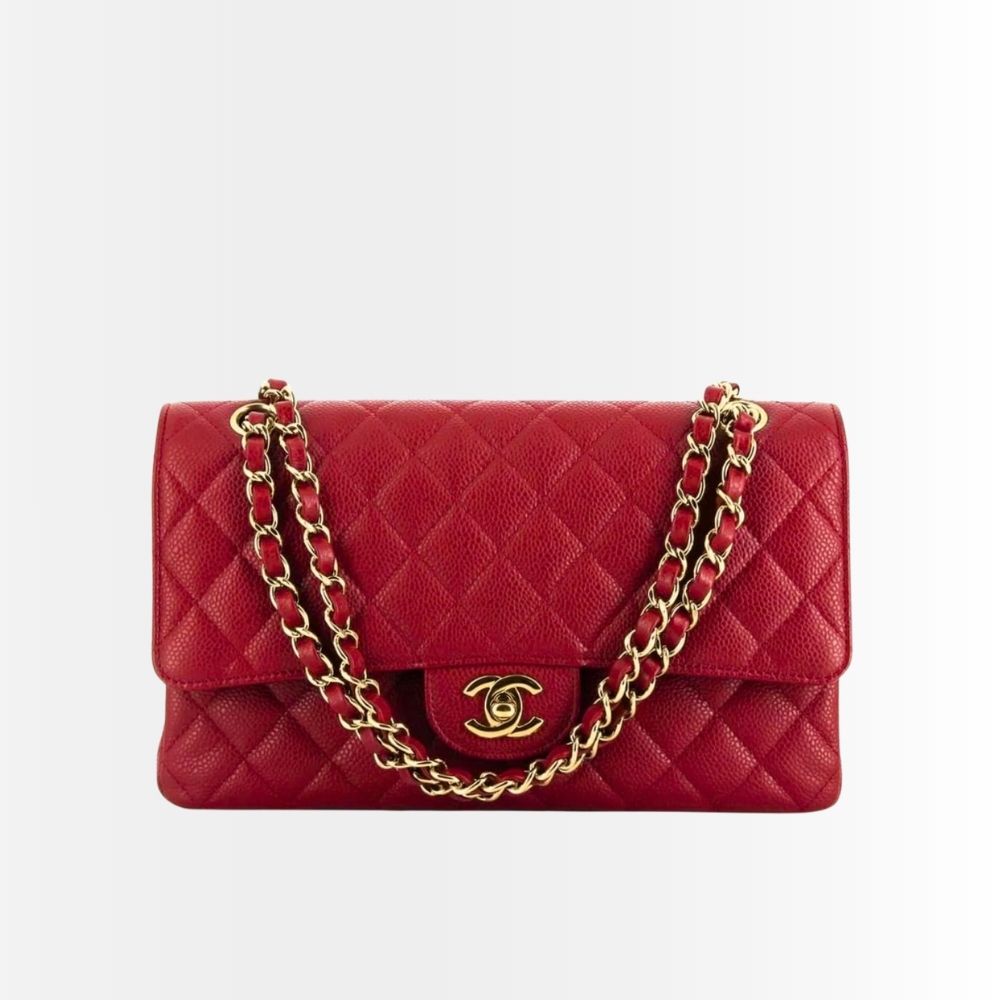 Chanel Classic Medium Flap Red And Gold 25Cm