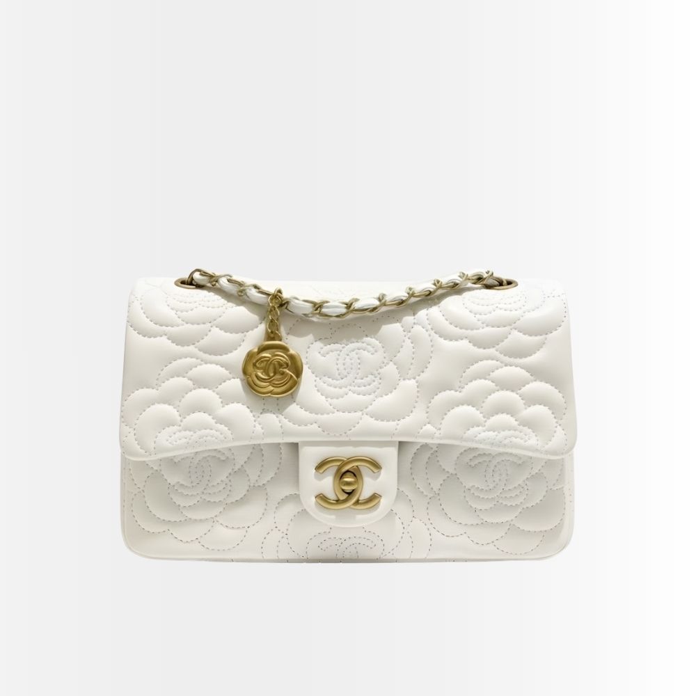 Chanel Classic Medium Flap Bag With Camellia Flower Chain White 25Cm