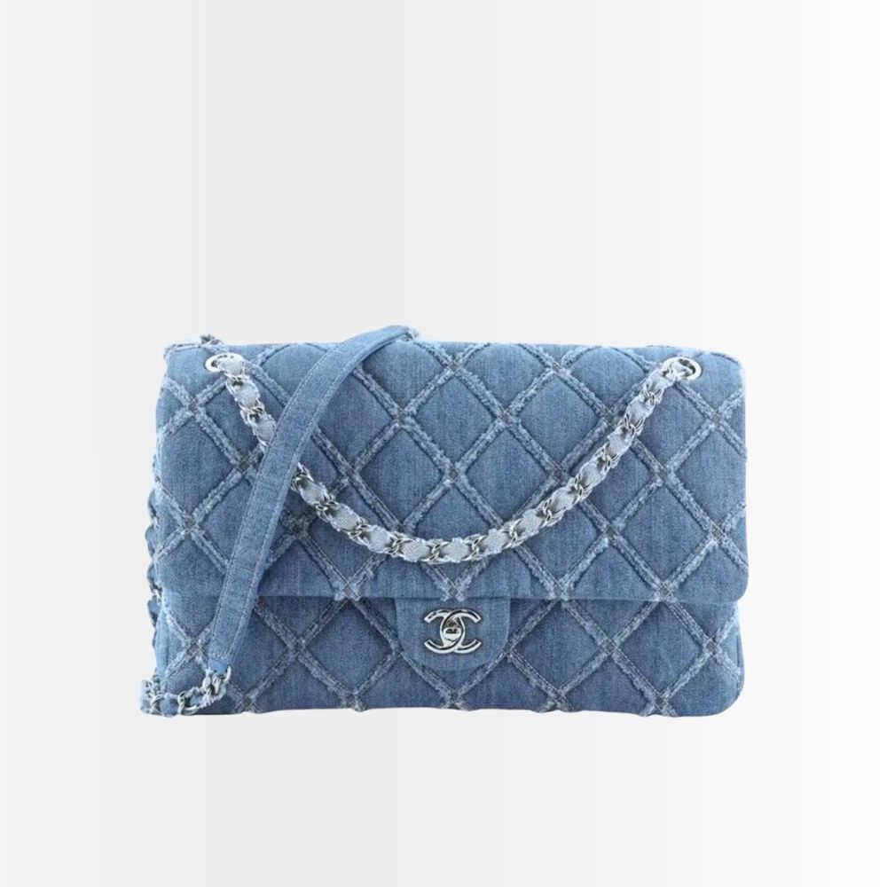 Chanel Cc Chain Flap Quilted Denim Jumbo Blue 25Cm