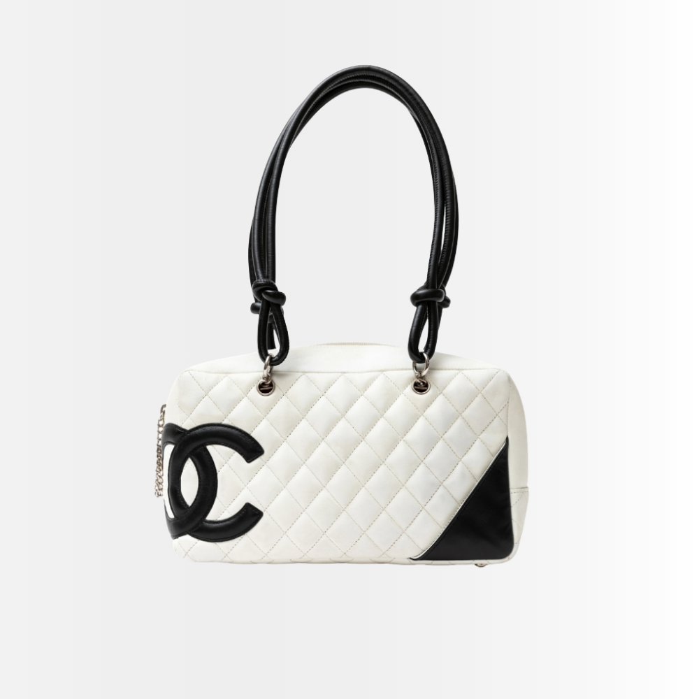Chanel Cambon Bowler Bag Quilted Leather White And Black 26Cm