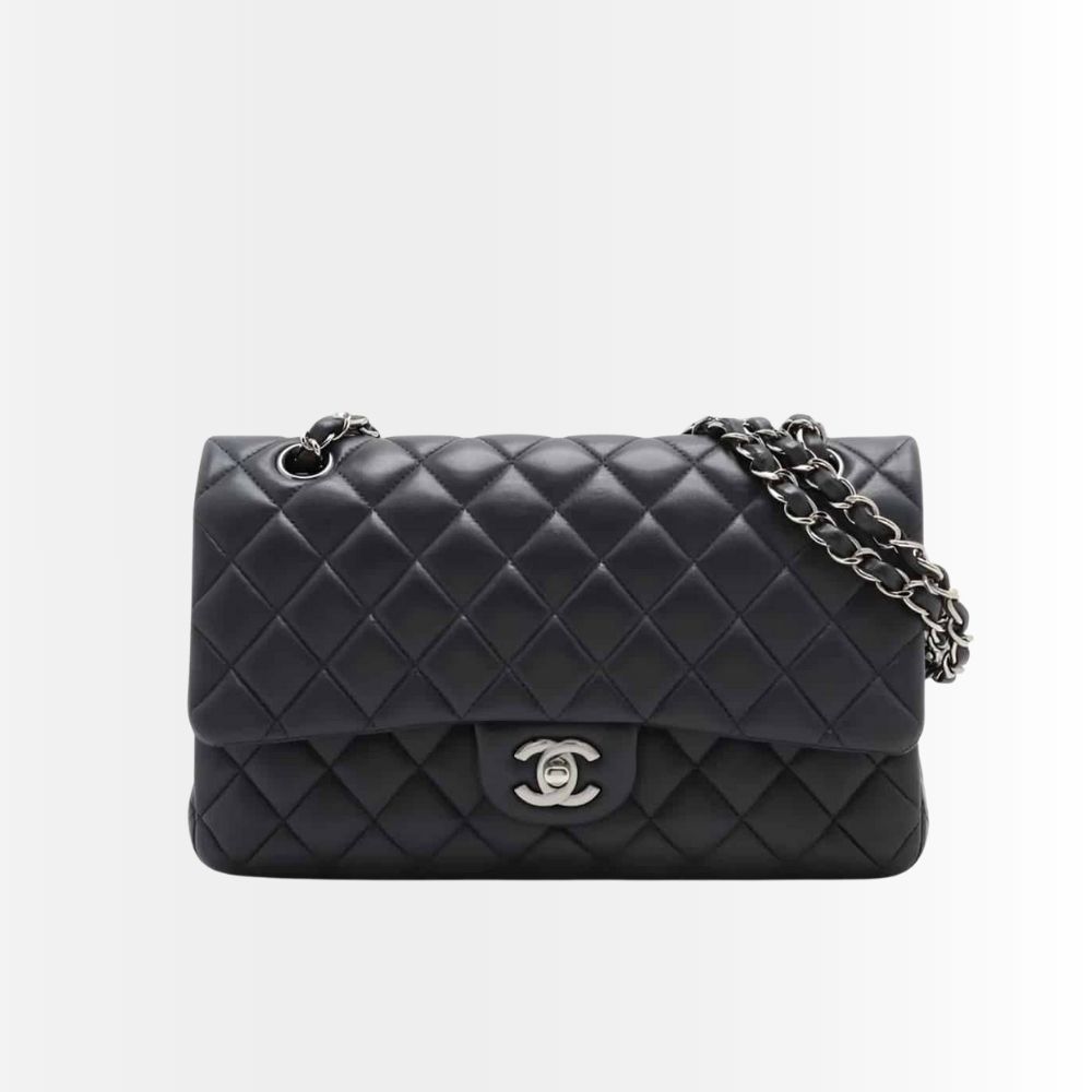 Chanel Classic Medium Flap Bag Black Leather With Silver Hardware 25cm A01113 Y01480 94305