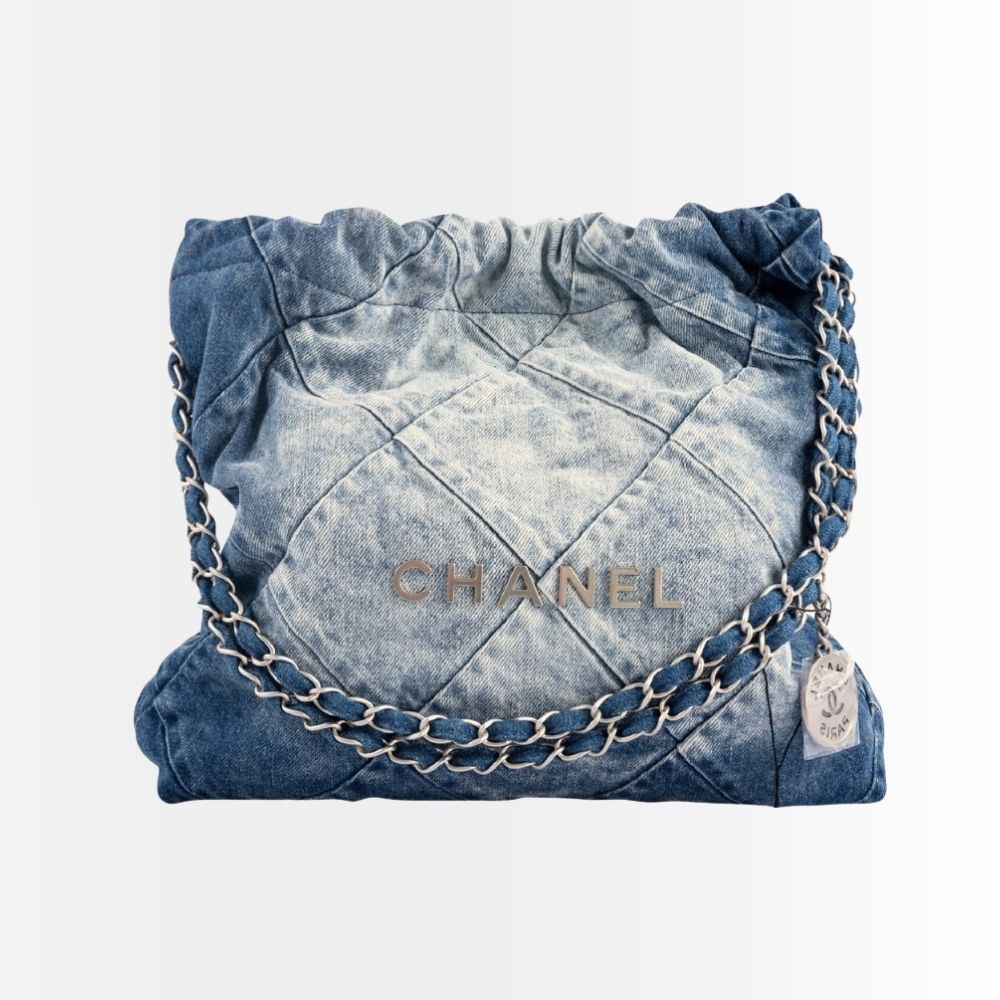 Chanel 22 Handbag Washed Denim Silver Tone Metal Blue 42Cm AS3261 B10439 NM981