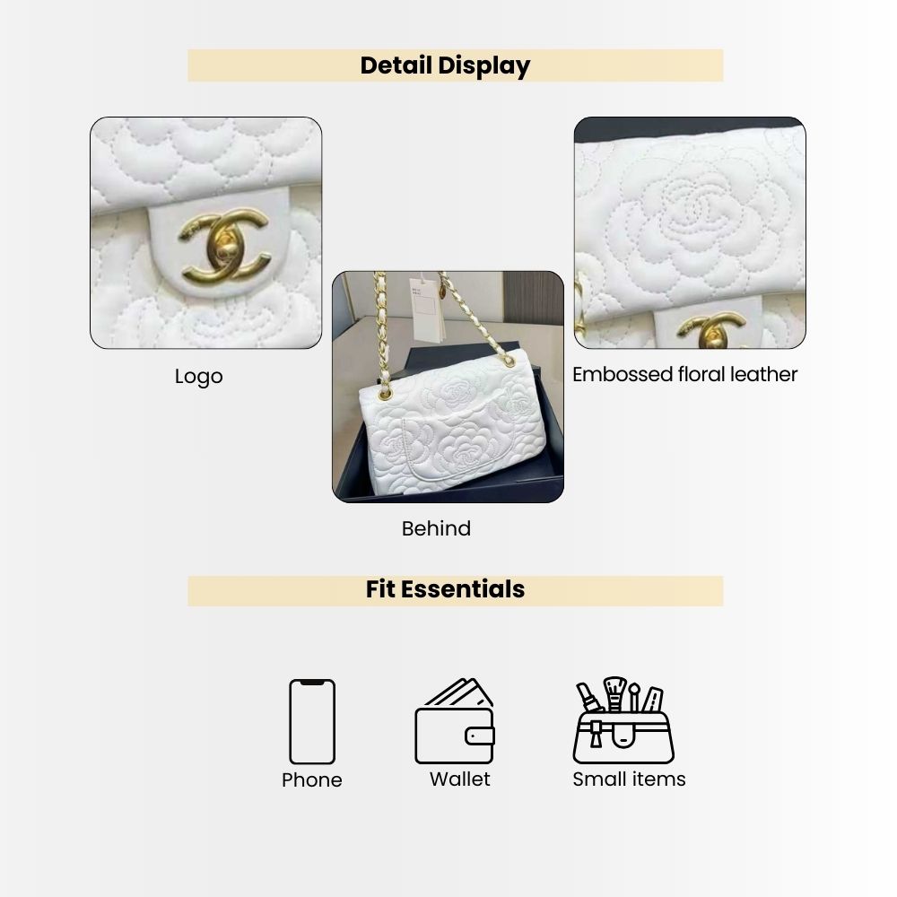 Chanel Flap Bag With Camellia Flower Chain White 26Cm