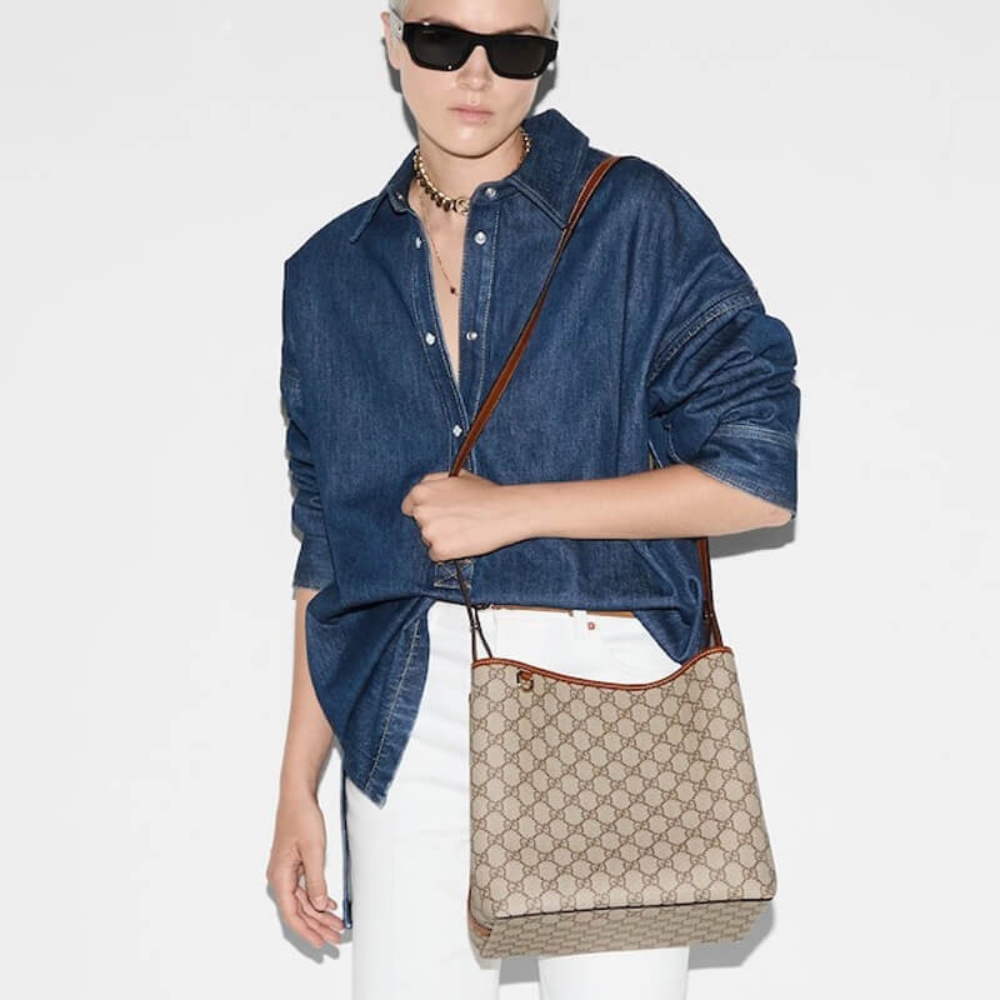 Gucci GG Emblem Medium Bucket Bag Beige And Dark Brown Fabric 29Cm 815103 FAD6L 9758 - Image 2