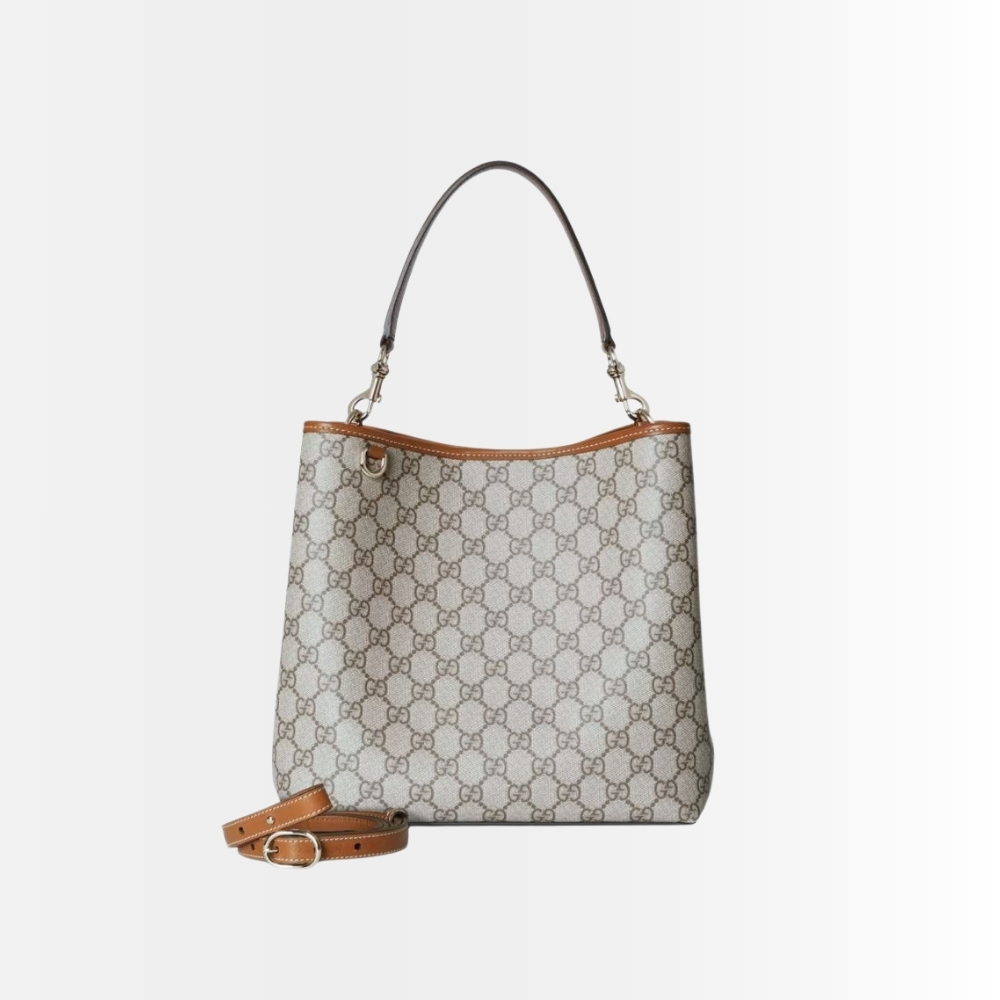 Gucci GG Emblem Medium Bucket Bag Beige And Dark Brown Fabric 29Cm 815103 FAD6L 9758