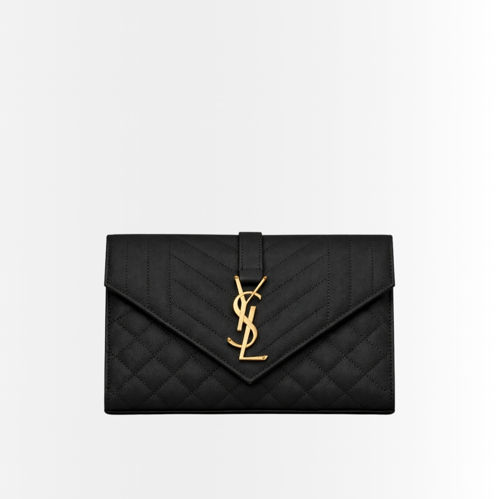 Saint Laurent Envelope Classic Cassandre Chain Wallet In Grain De Poudre Black Gold 22Cm 377828BOW011000